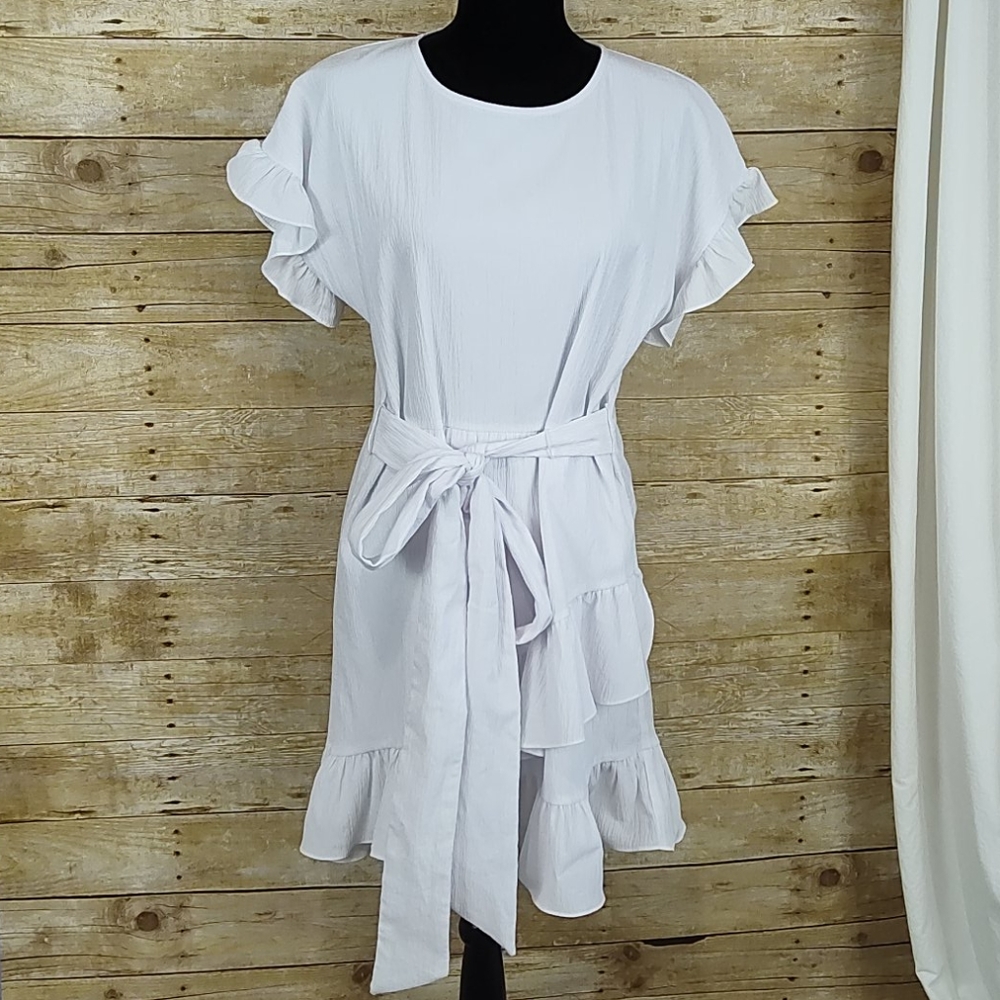 Michael Michael Kors White Ruffle Dress With Tie